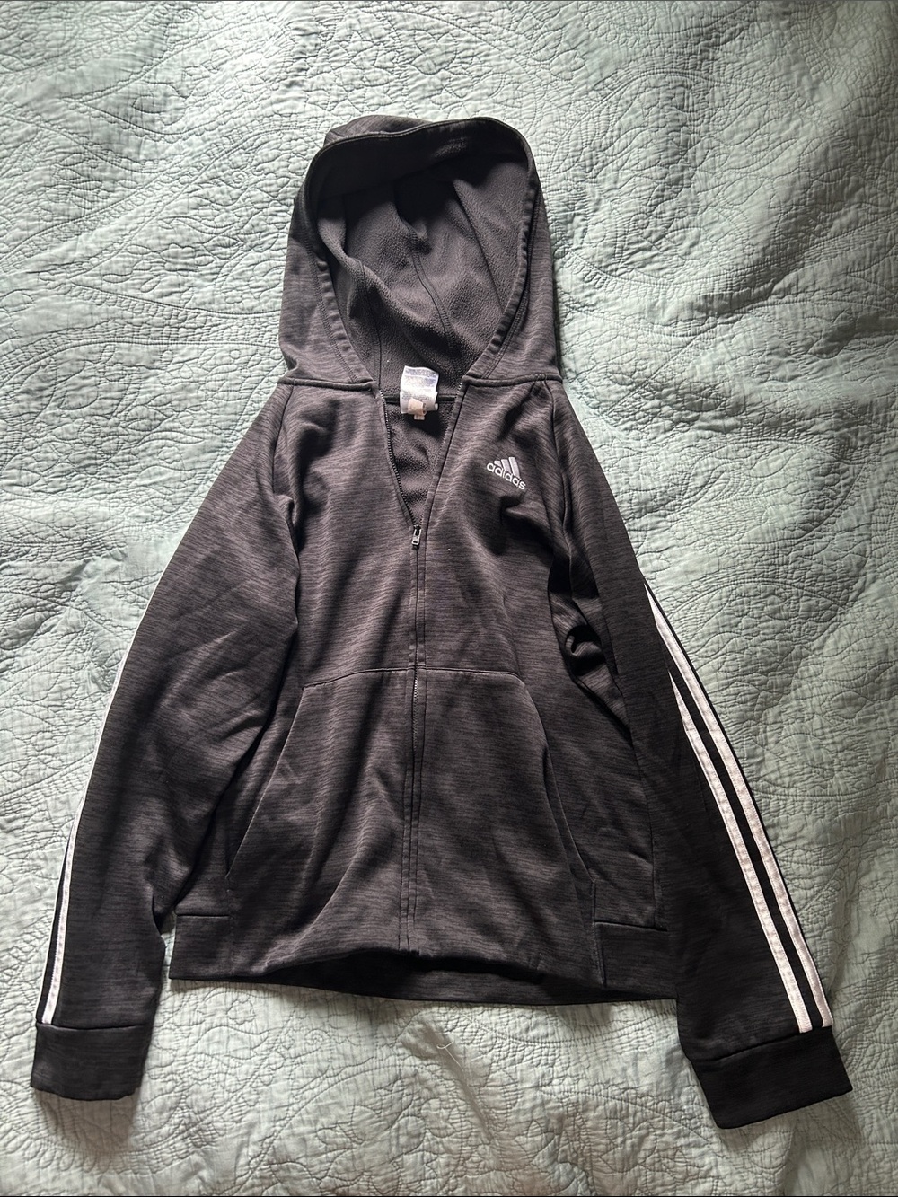 adidas Charcoal Gray Hooded Zip Jacket with White Sleeve Stripes Boys L